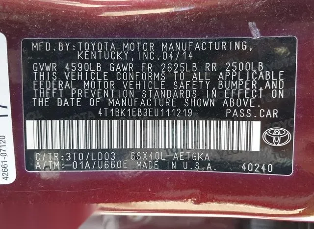 4T1BK1EB3EU111219 2014 2014 Toyota Avalon- Xle 9