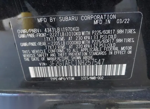 JF2GTAEC1NH257547 2022 2022 Subaru Crosstrek- Premium 9