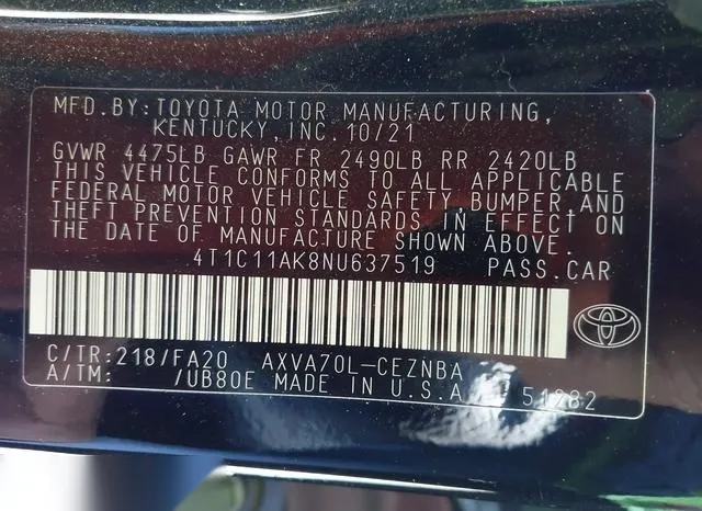 4T1C11AK8NU637519 2022 2022 Toyota Camry- LE 9