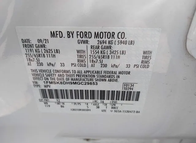 1FMSK8DH9MGC29853 2021 2021 Ford Explorer- Xlt 9