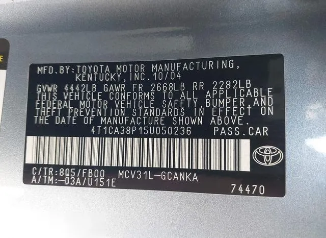 4T1CA38P15U050236 2005 2005 Toyota Camry- Solara Se V6 9