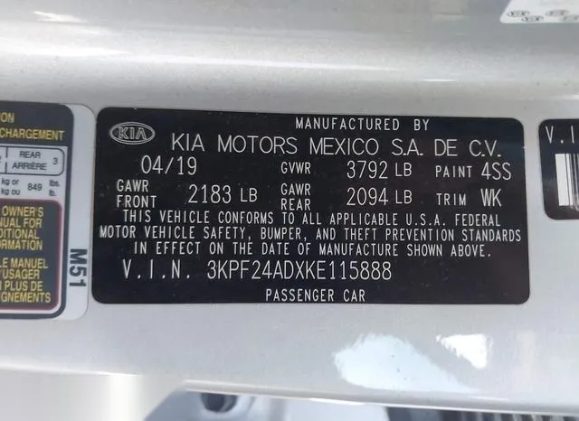 3KPF24ADXKE115888 2019 2019 KIA Forte- Lxs 9