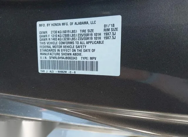 5FNRL6H94JB083343 2018 2018 Honda Odyssey- Elite 9