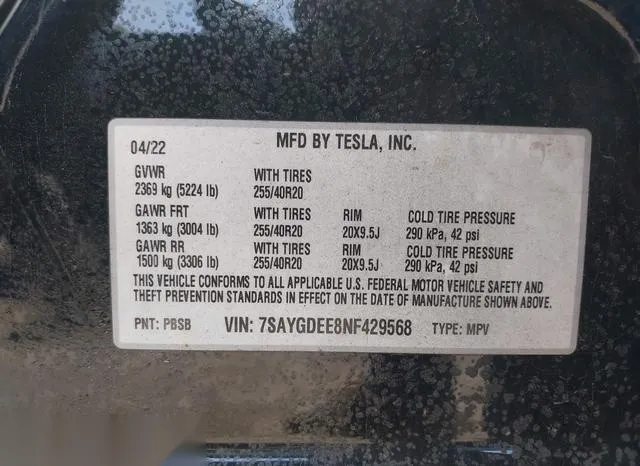 7SAYGDEE8NF429568 2022 2022 Tesla Model Y- Long Range Dual 9