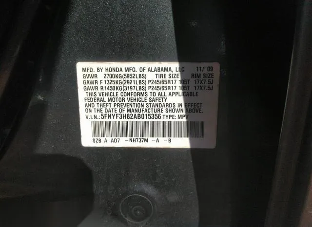 5FNYF3H82AB015356 2010 2010 Honda Pilot- Touring 9