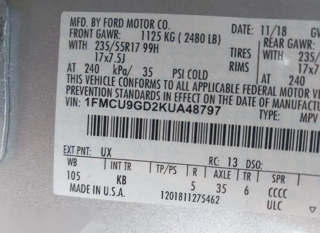 1FMCU9GD2KUA48797 2019 2019 Ford Escape- SE 9