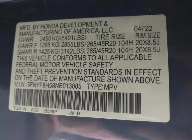 5FNYF8H58NB013085 2022 2022 Honda Passport- Awd Ex-L 9