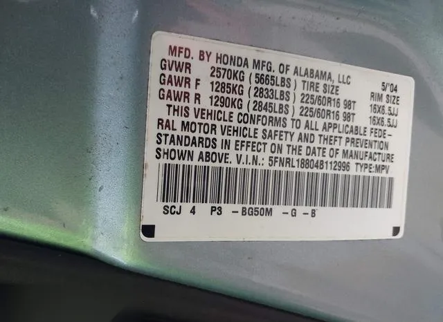 5FNRL18804B112996 2004 2004 Honda Odyssey- EX 9