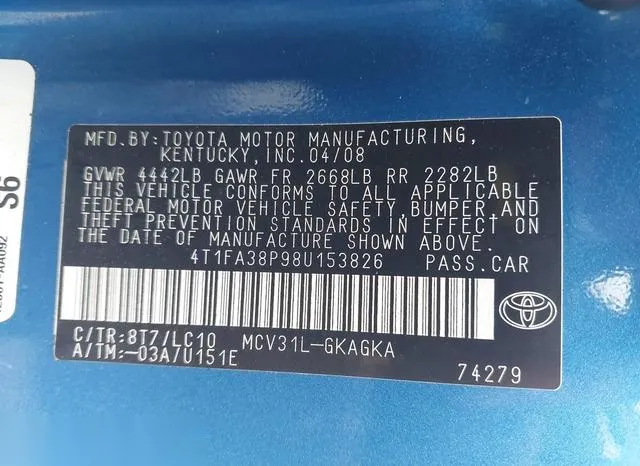 4T1FA38P98U153826 2008 2008 Toyota Camry- Solara Sle 9