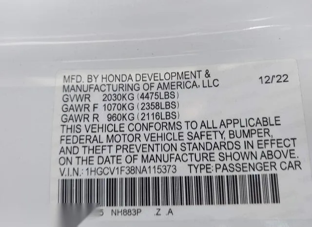 1HGCV1F38NA115373 2022 2022 Honda Accord- Sport 9