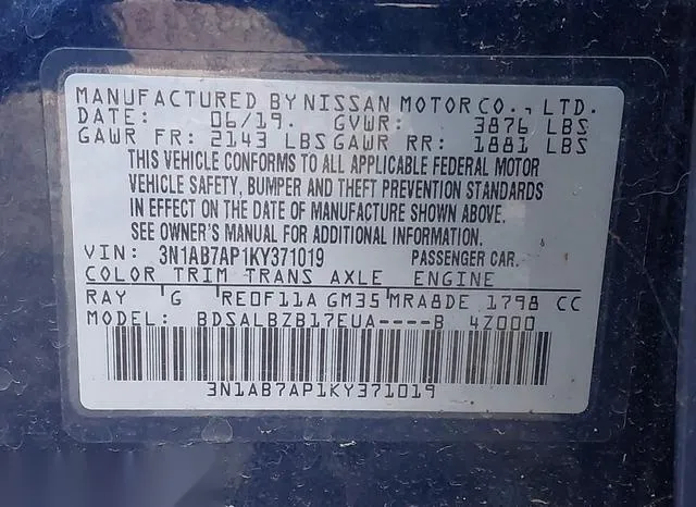 3N1AB7AP1KY371019 2019 2019 Nissan Sentra- S 9