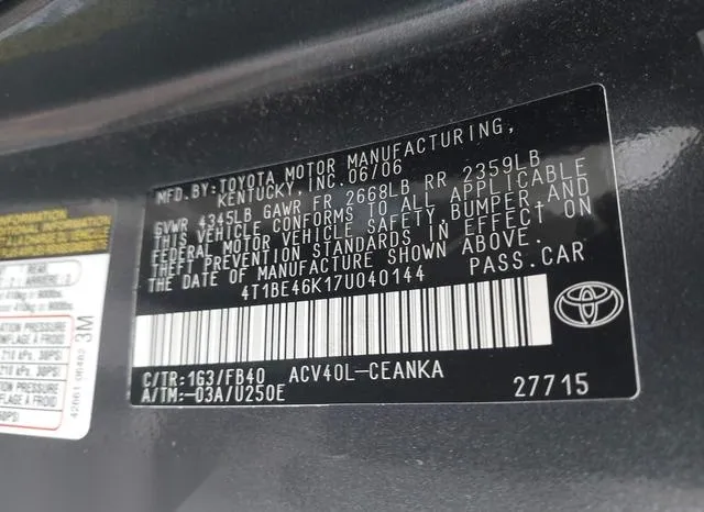 4T1BE46K17U040144 2007 2007 Toyota Camry- LE 9