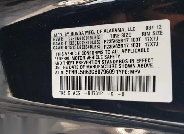 5FNRL5H63CB079609 2012 2012 Honda Odyssey- Ex-L 9