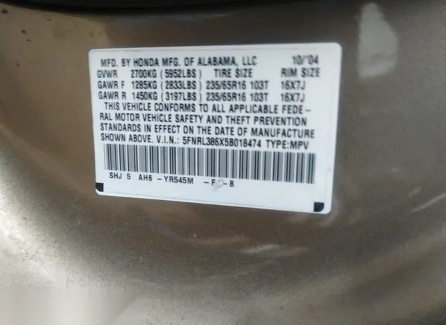 5FNRL386X5B018474 2005 2005 Honda Odyssey- Ex-L 9