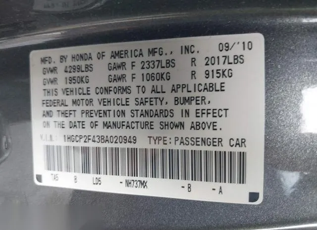 1HGCP2F43BA020949 2011 2011 Honda Accord- 2-4 Lx-P 9