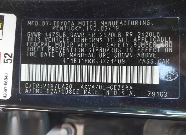 4T1B11HK6KU771409 2019 2019 Toyota Camry- SE 9