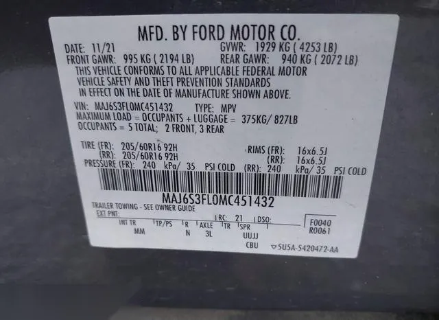 MAJ6S3FL0MC451432 2021 2021 Ford Ecosport- S 9