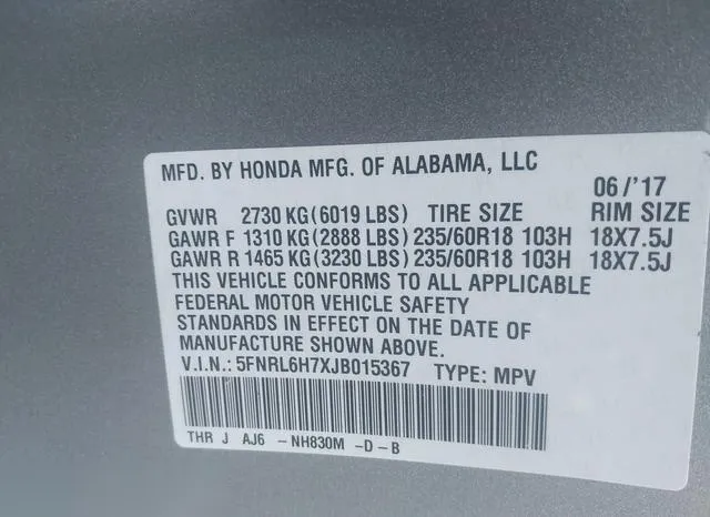 5FNRL6H7XJB015367 2018 2018 Honda Odyssey- Ex-L 9