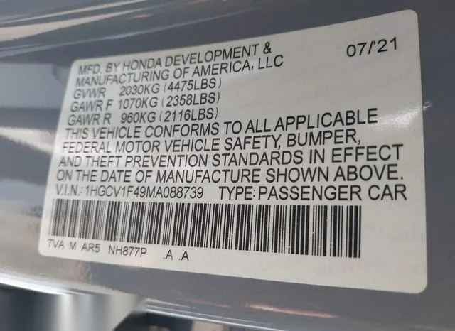 1HGCV1F49MA088739 2021 2021 Honda Accord- Sport Special Edi 9