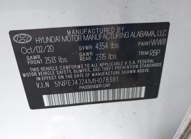 5NPEJ4J24MH078381 2021 2021 Hyundai Sonata- Sel Plus 9