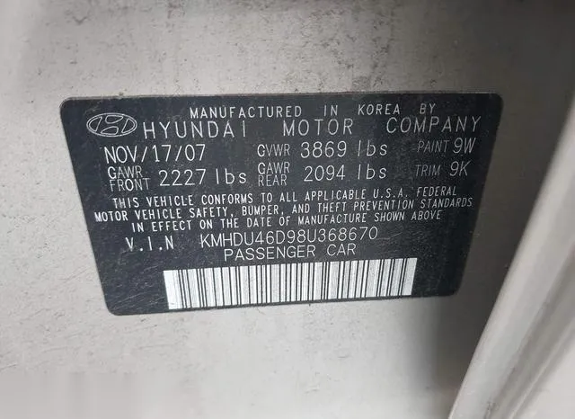 KMHDU46D98U368670 2008 2008 Hyundai Elantra- Gls/Se 9