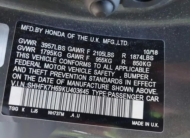 SHHFK7H69KU403645 2019 2019 Honda Civic- EX 9