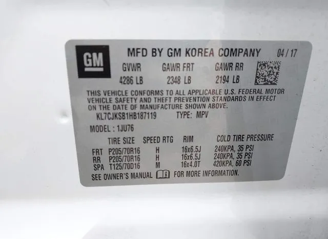 KL7CJKSB1HB187119 2017 2017 Chevrolet Trax- LS 9