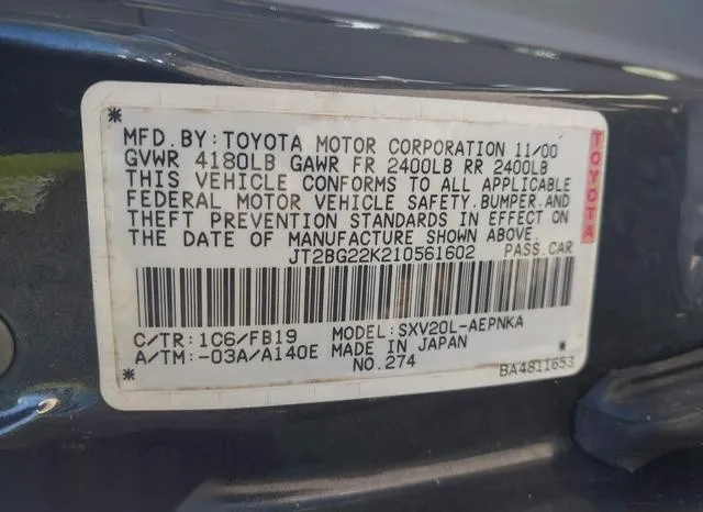 JT2BG22K210561602 2001 2001 Toyota Camry- Ce/Le/Xle 9