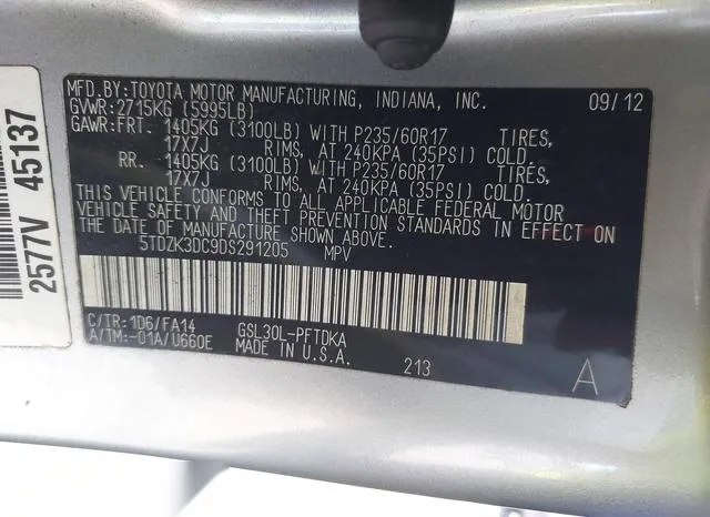 5TDZK3DC9DS291205 2013 2013 Toyota Sienna- L V6 7 Passenger 9