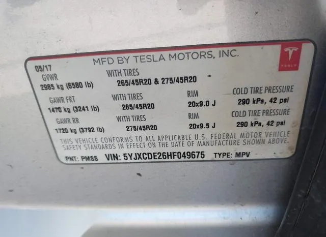 5YJXCDE26HF049675 2017 2017 Tesla Model X- 100D/75D/90D 9