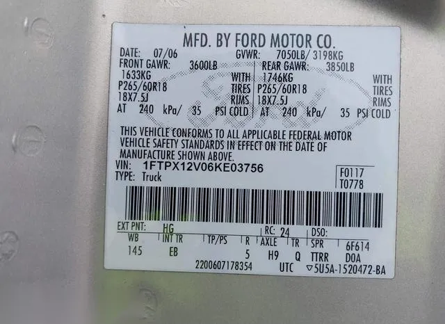 1FTPX12V06KE03756 2006 2006 Ford F-150- Lariat/Xl/Xlt 9