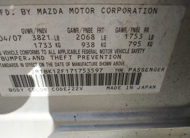 JM1BK12F171753597 2007 2007 Mazda 3- I 9