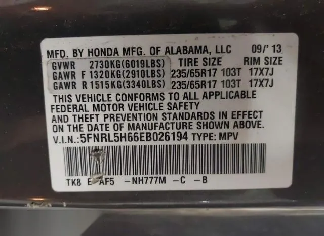 5FNRL5H66EB026194 2014 2014 Honda Odyssey- Ex-L 9