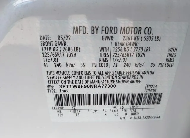 3FTTW8F90NRA77300 2022 2022 Ford Maverick- Xlt 9