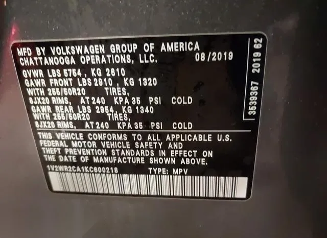 1V2WR2CA1KC600218 2019 2019 Volkswagen Atlas- 3-6L V6 Se W/ 9