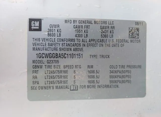 1GCWGGBA5C1101151 2012 2012 Chevrolet Express 2500- Work Van 9