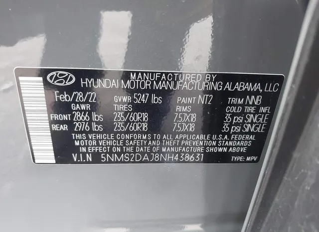 5NMS2DAJ8NH438631 2022 2022 Hyundai Santa Fe- Sel 9