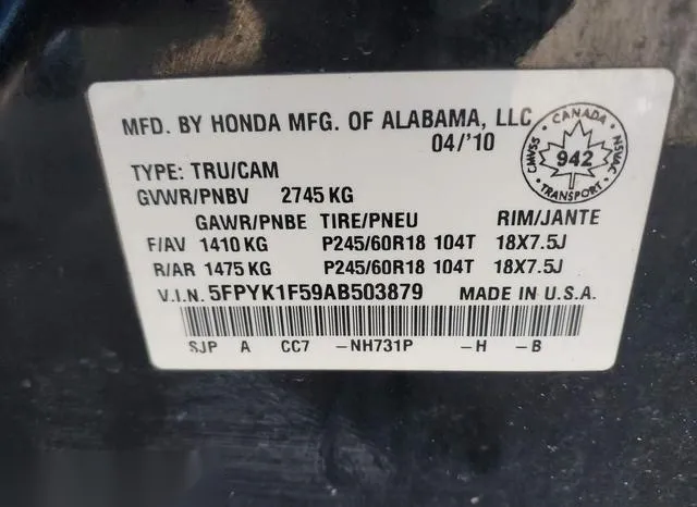 5FPYK1F59AB503879 2010 2010 Honda Ridgeline- Rtl 9