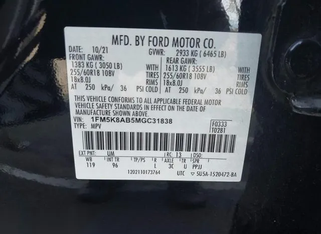 1FM5K8AB5MGC31838 2021 2021 Ford Police Interceptor Utility 9