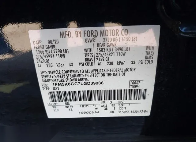 1FM5K8GC7LGD09986 2020 2020 Ford Explorer- ST 9