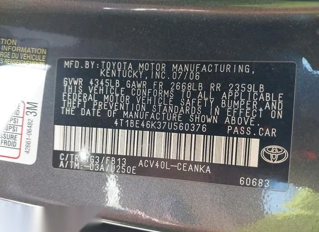 4T1BE46K37U560376 2007 2007 Toyota Camry- LE 9