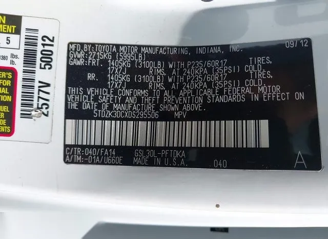 5TDZK3DCXDS295506 2013 2013 Toyota Sienna- L V6 7 Passenger 9