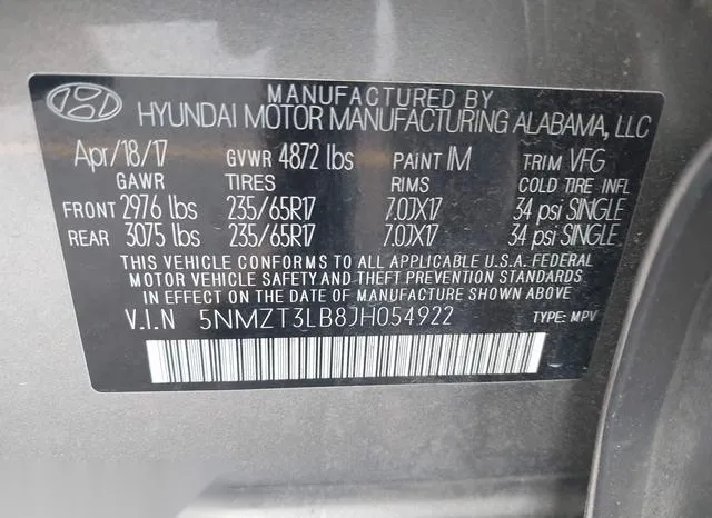 5NMZT3LB8JH054922 2018 2018 Hyundai Santa Fe- Sport 2-4L 9