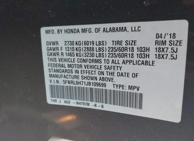 5FNRL6H71JB109699 2018 2018 Honda Odyssey- Ex-L 9