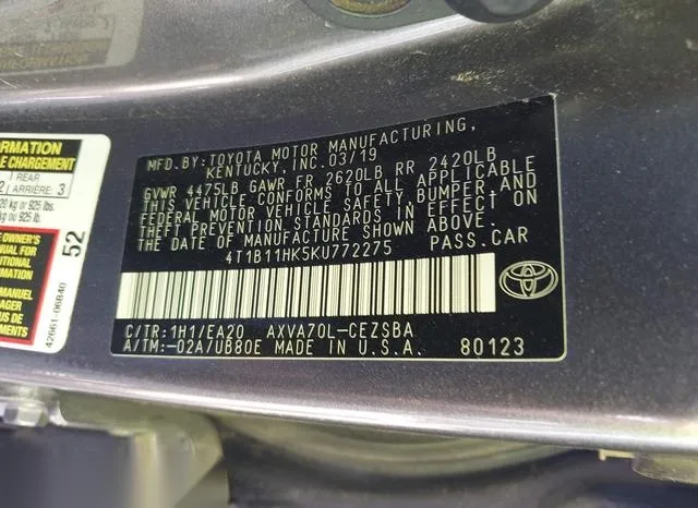 4T1B11HK5KU772275 2019 2019 Toyota Camry- SE 9