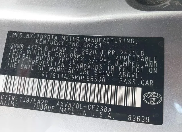 4T1G11AK8MU598530 2021 2021 Toyota Camry- SE 9