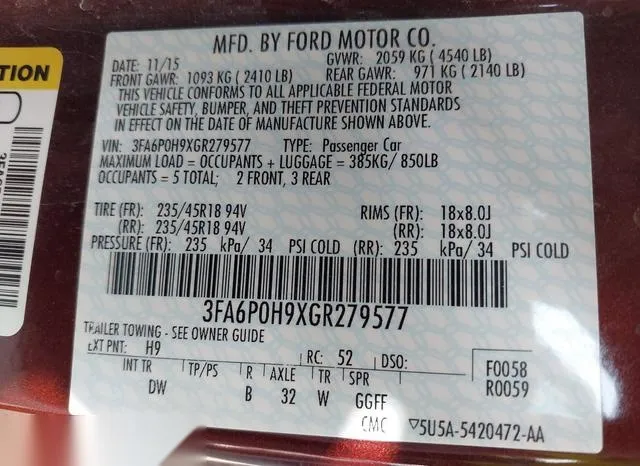 3FA6P0H9XGR279577 2016 2016 Ford Fusion- SE 9