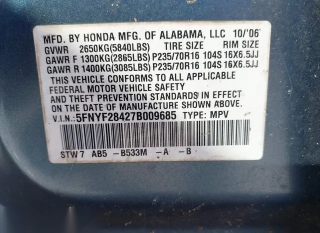 5FNYF28427B009685 2007 2007 Honda Pilot- EX 9