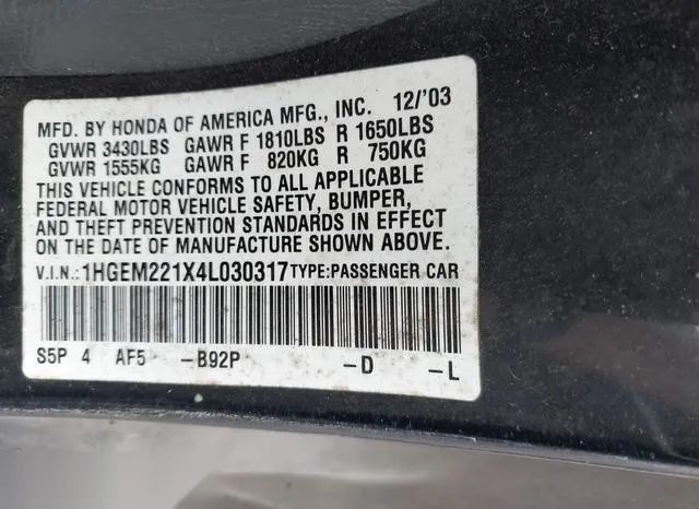 1HGEM221X4L030317 2004 2004 Honda Civic- VP 9