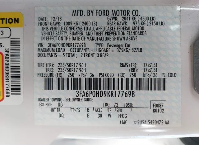 3FA6P0HD9KR177698 2019 2019 Ford Fusion- SE 9